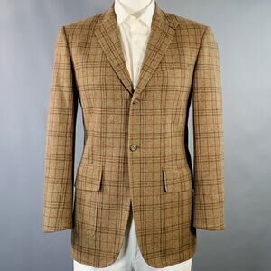 DUNHILL Size 42 Tan Red Plaid Wool Cashmere Notch Lapel Sport Coat